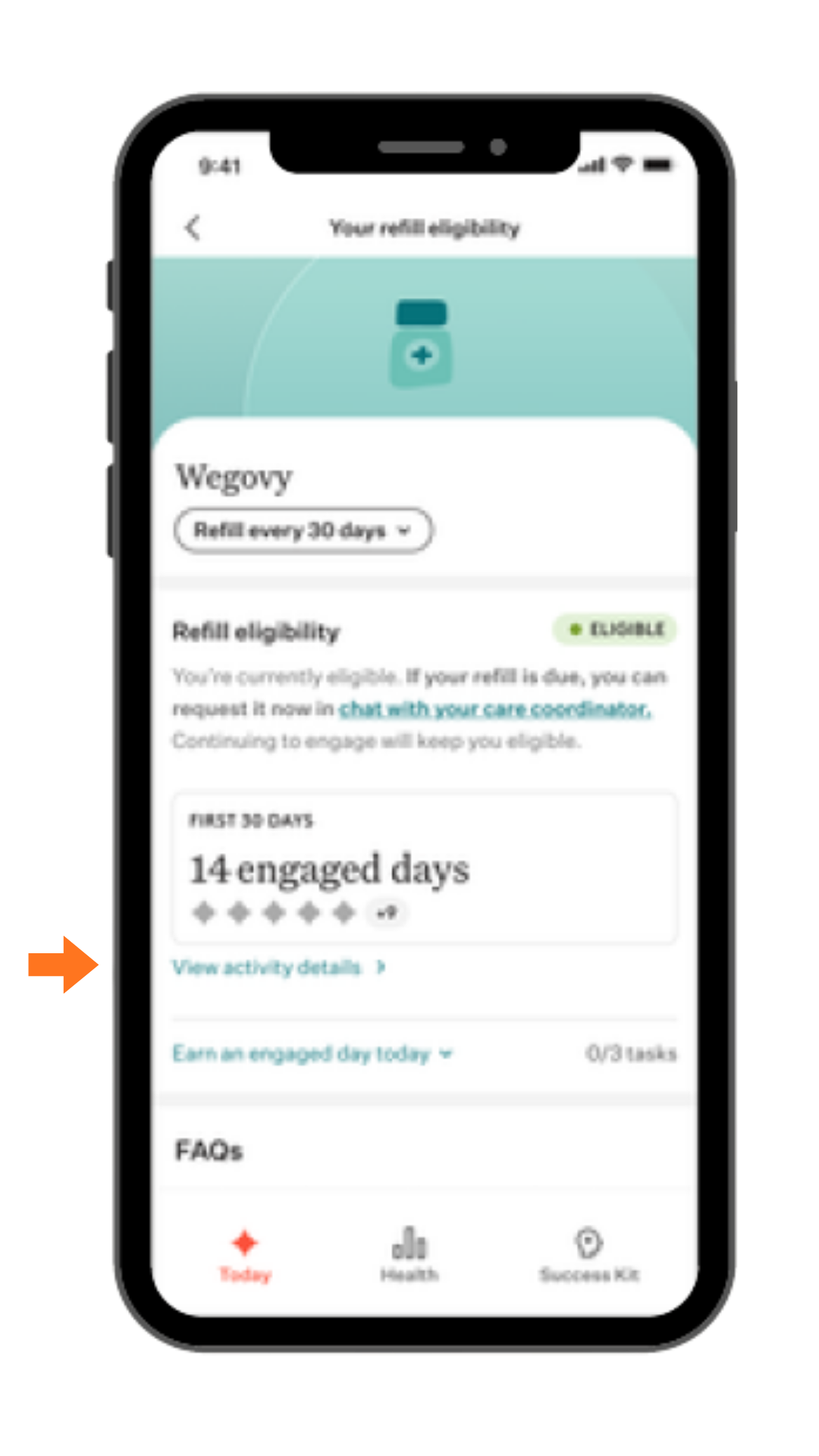 Image of Noom app with arrow pointing at "View activity details" section