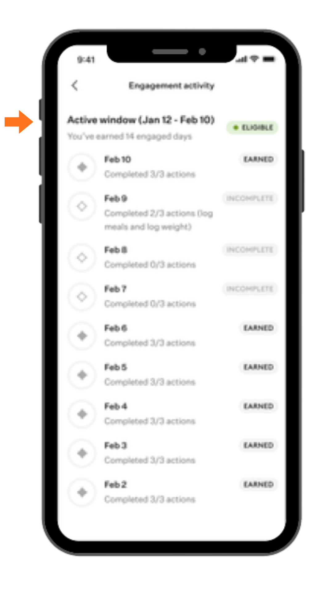 Image of Noom app with arrow pointing at "Activity window" section