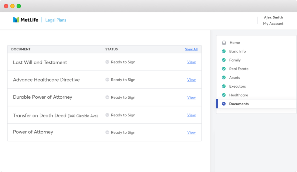 Image of MetLife Legal Plan's Digital Estate Planning tool with various action steps
